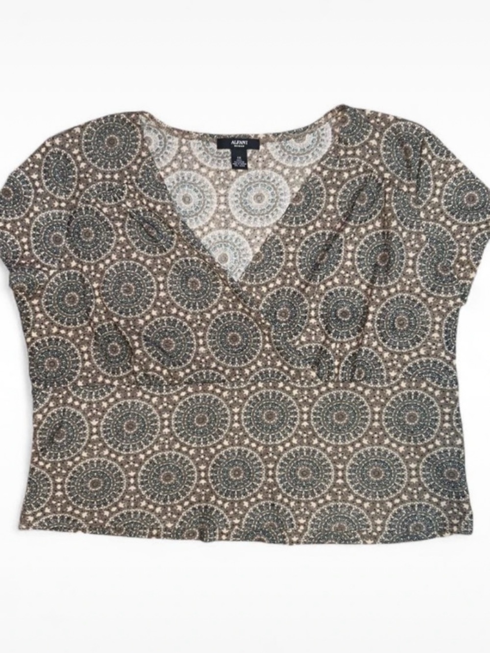 Alfani Taupe & Olive Circular Print V-Neck Short Sleeve Top